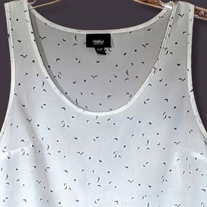 White Sleeveless Flowy Tank Blouse Delicate Black Birds Pattern Dressy - S
